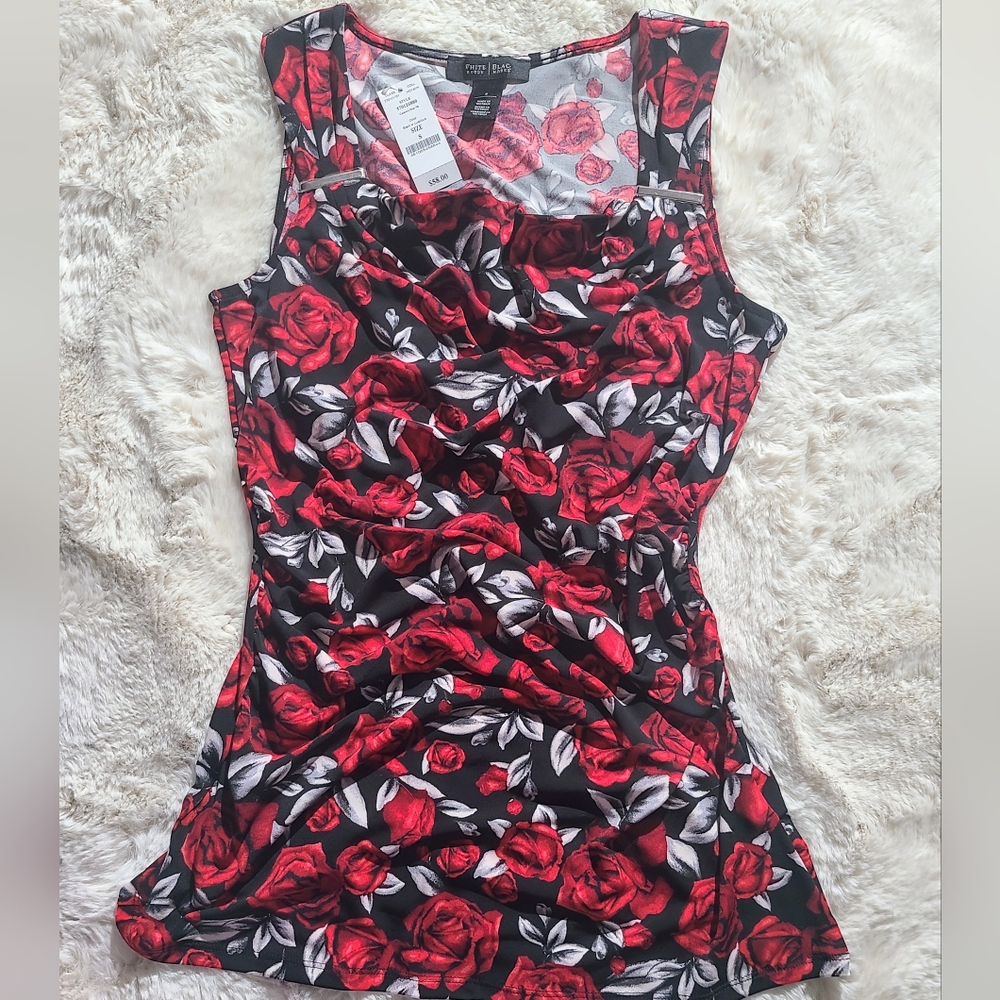 NWT - WHBM EMBELLISHED, RED/BLK FLORAL TOP, SZ S